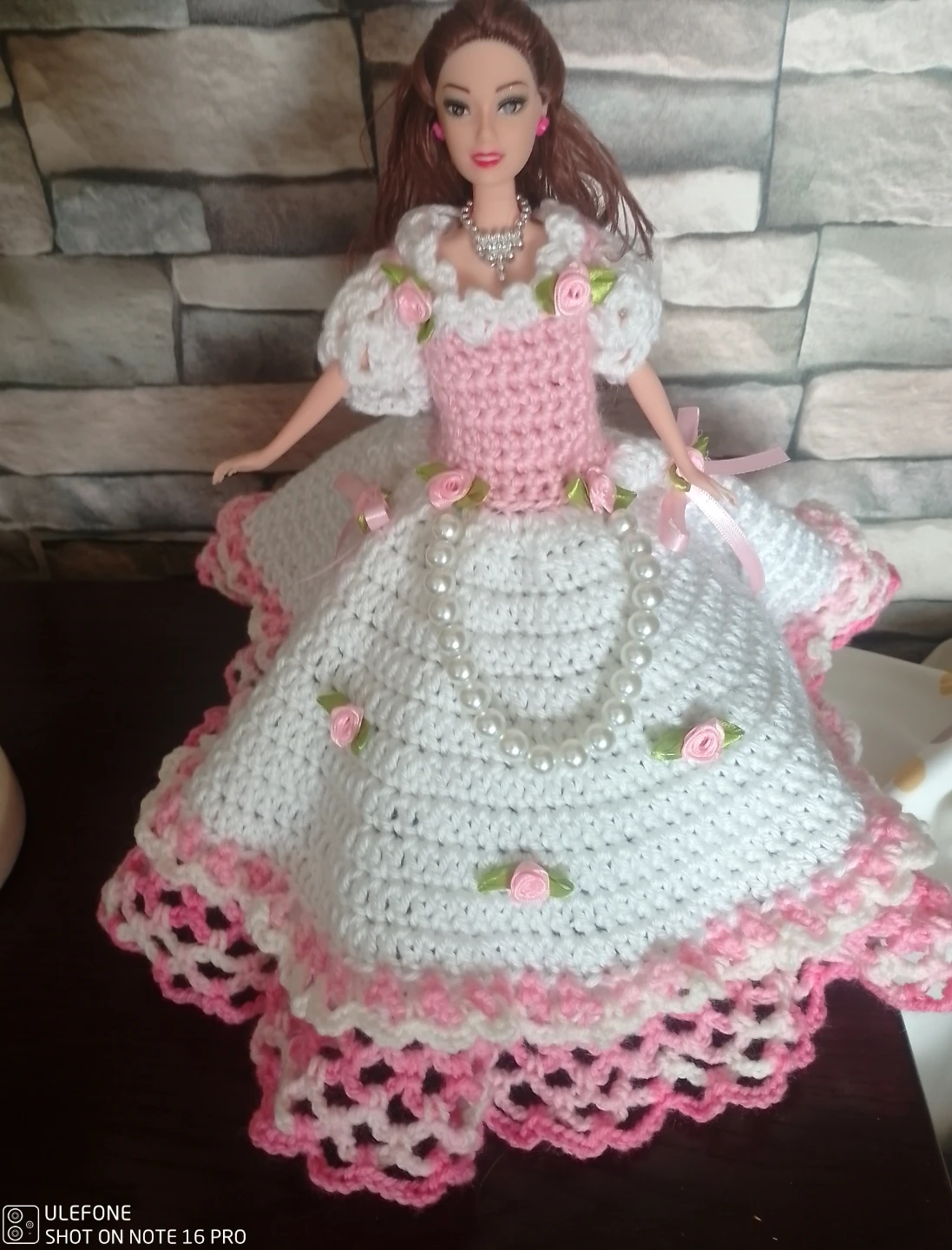 Crocheted Doll Dress with Pearls and Roses