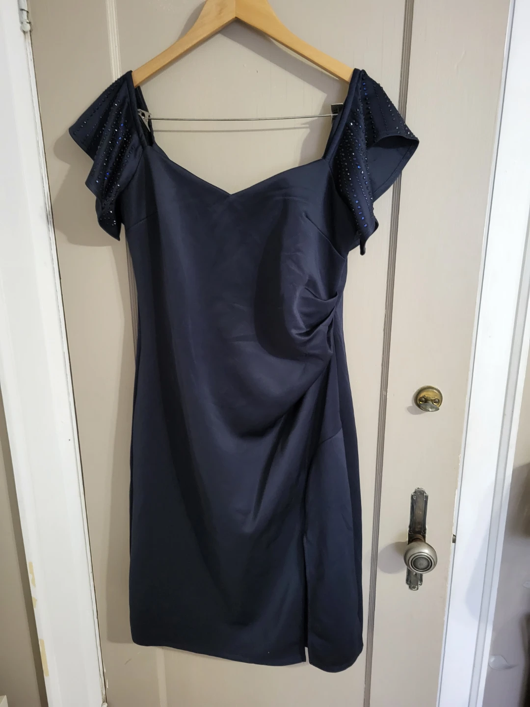 Navy Blue Dress with Embellished Sleeves