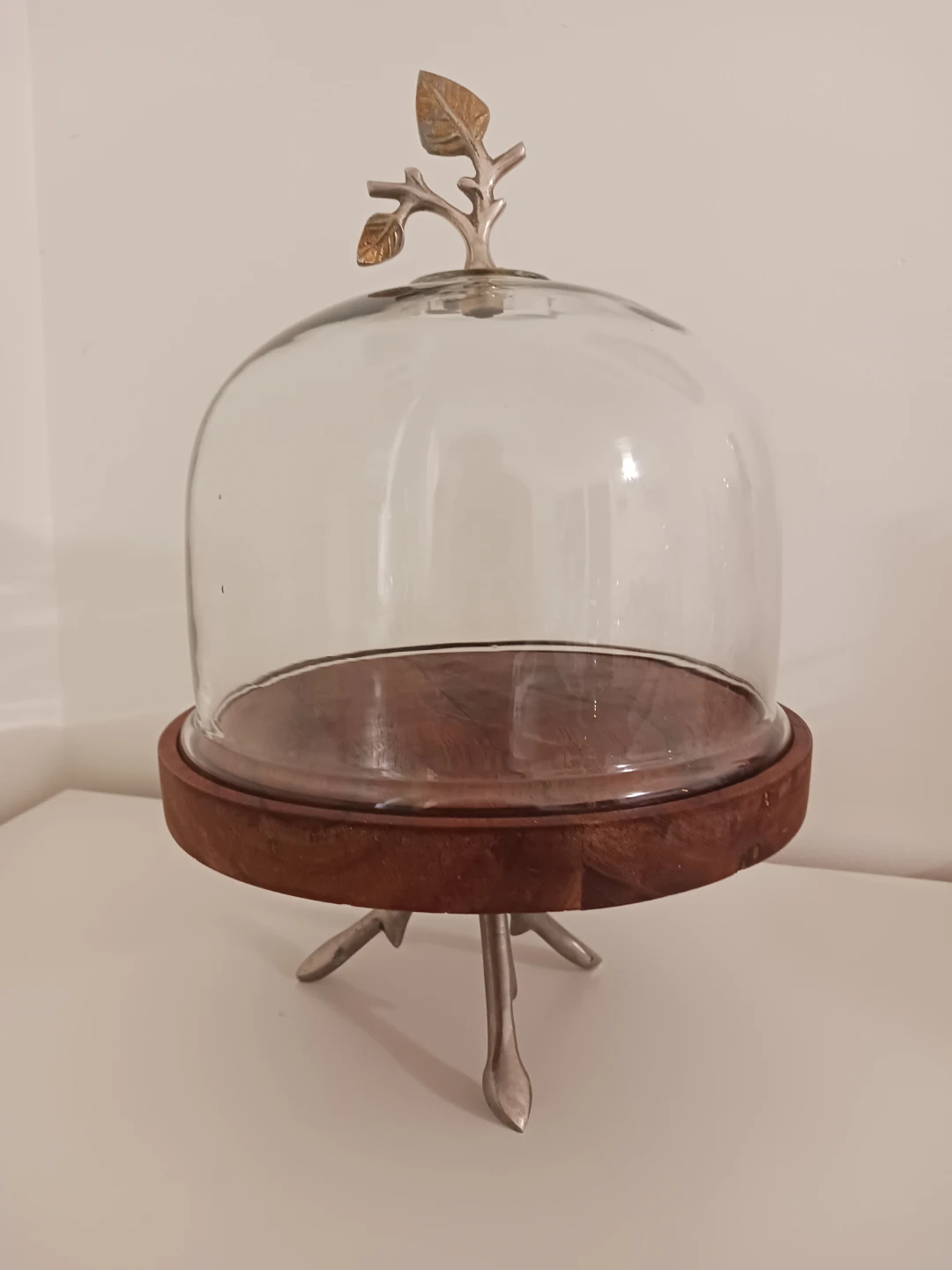 Glass Display Cake Stand with Wooden Base & Metal Leaf Handle