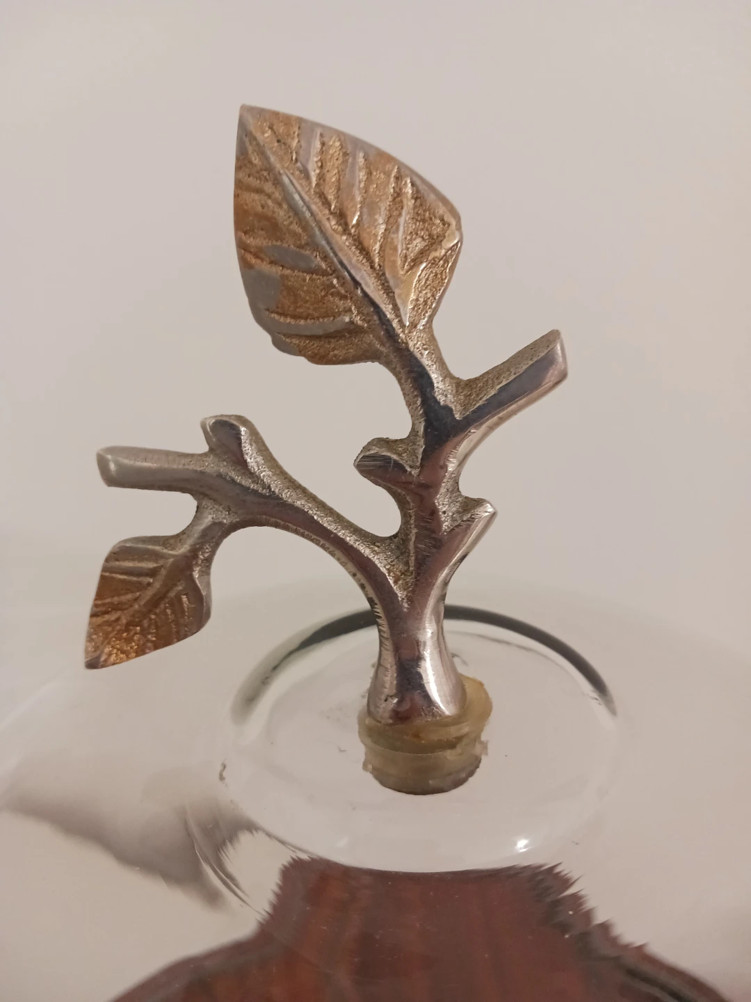 Glass Display Cake Stand with Wooden Base & Metal Leaf Handle - photo 2