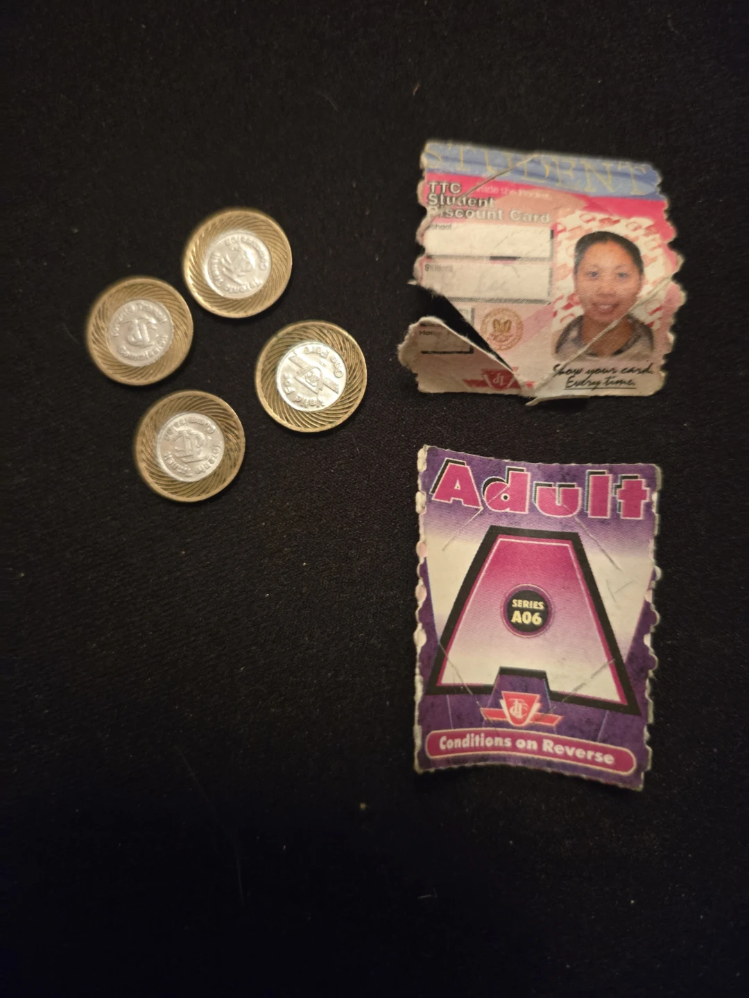 4 Vintage TTC Tokens, 1 Student Ticket, 1 Adult Ticket