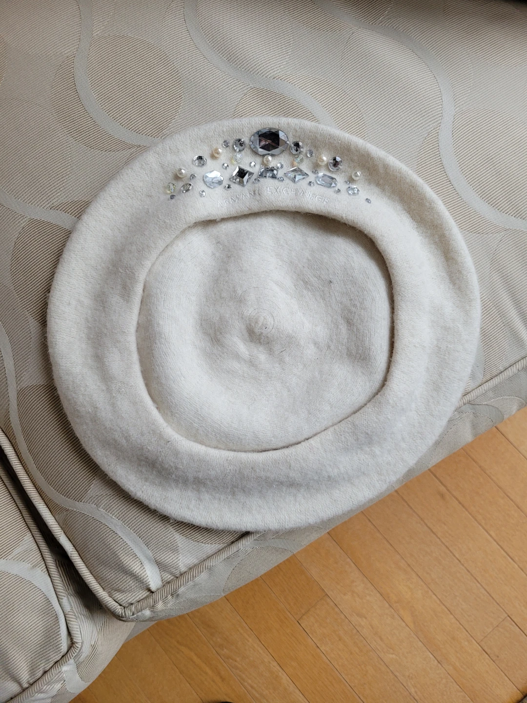 Armani Exchange Off White Wool Beret with Embellishments