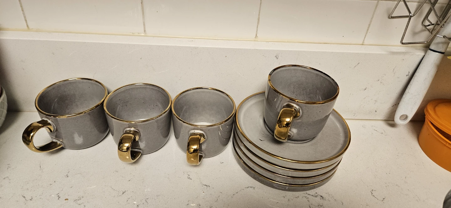 Gray Coffee Cups & Saucers with Gold Trim