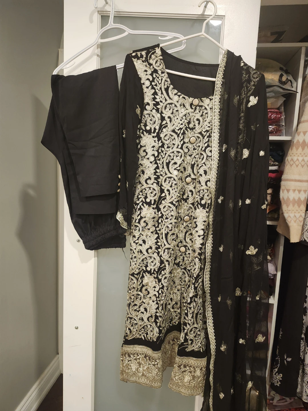 Black Embroidered Kurta with Pants and Dupatta
