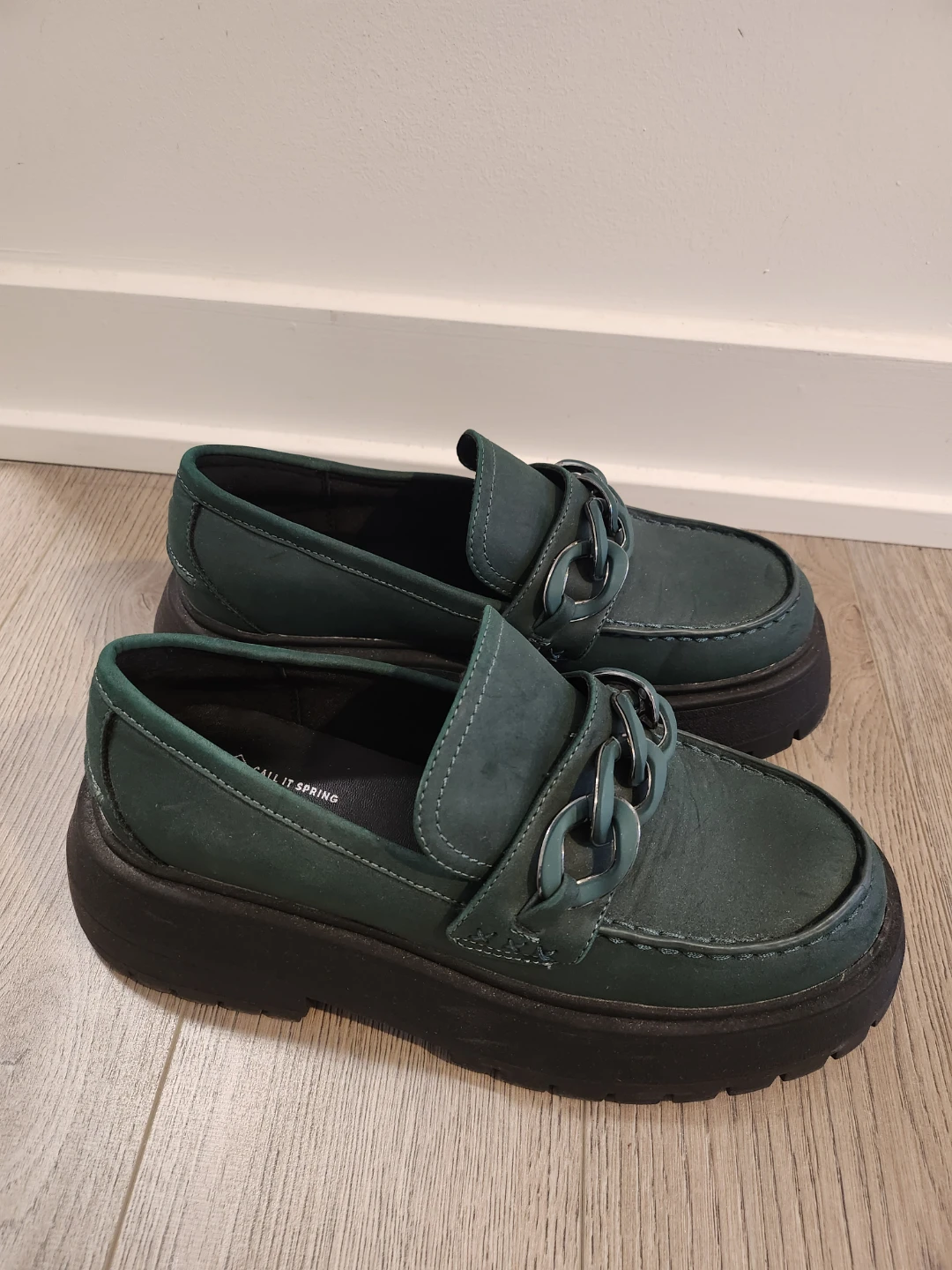 Call It Spring Women's Green Loafers with Chunky Chain Detail