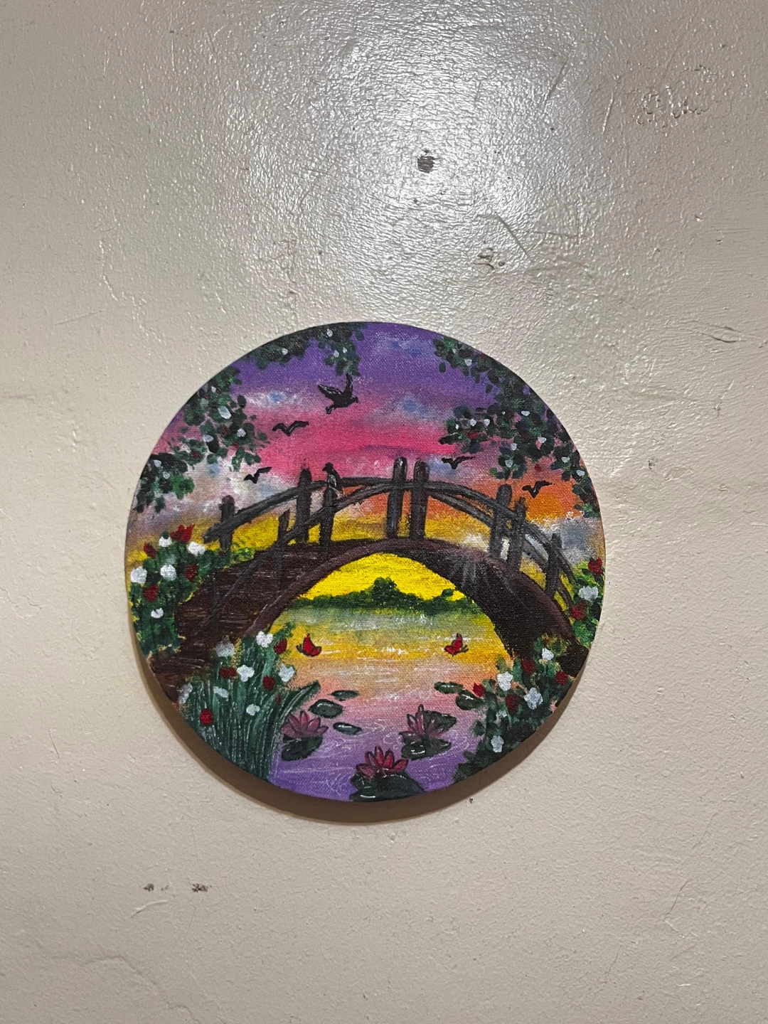 Round Wooden Art Plaque - Bridge and Flowers Painting