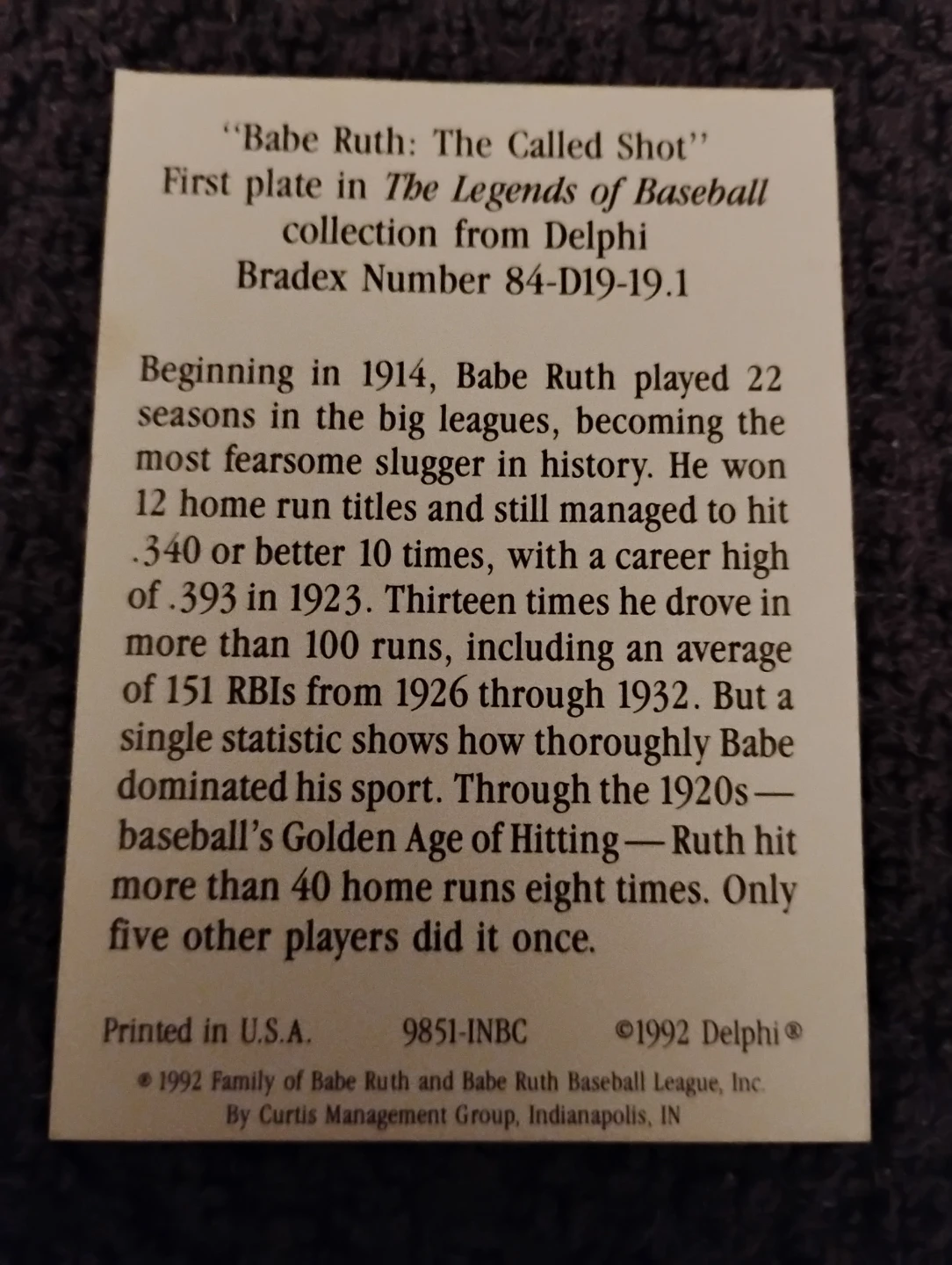 VINTAGE!! 1992 EX BABE RUTH BASEBALL CARD "THE CALLED SHOT" - photo 2