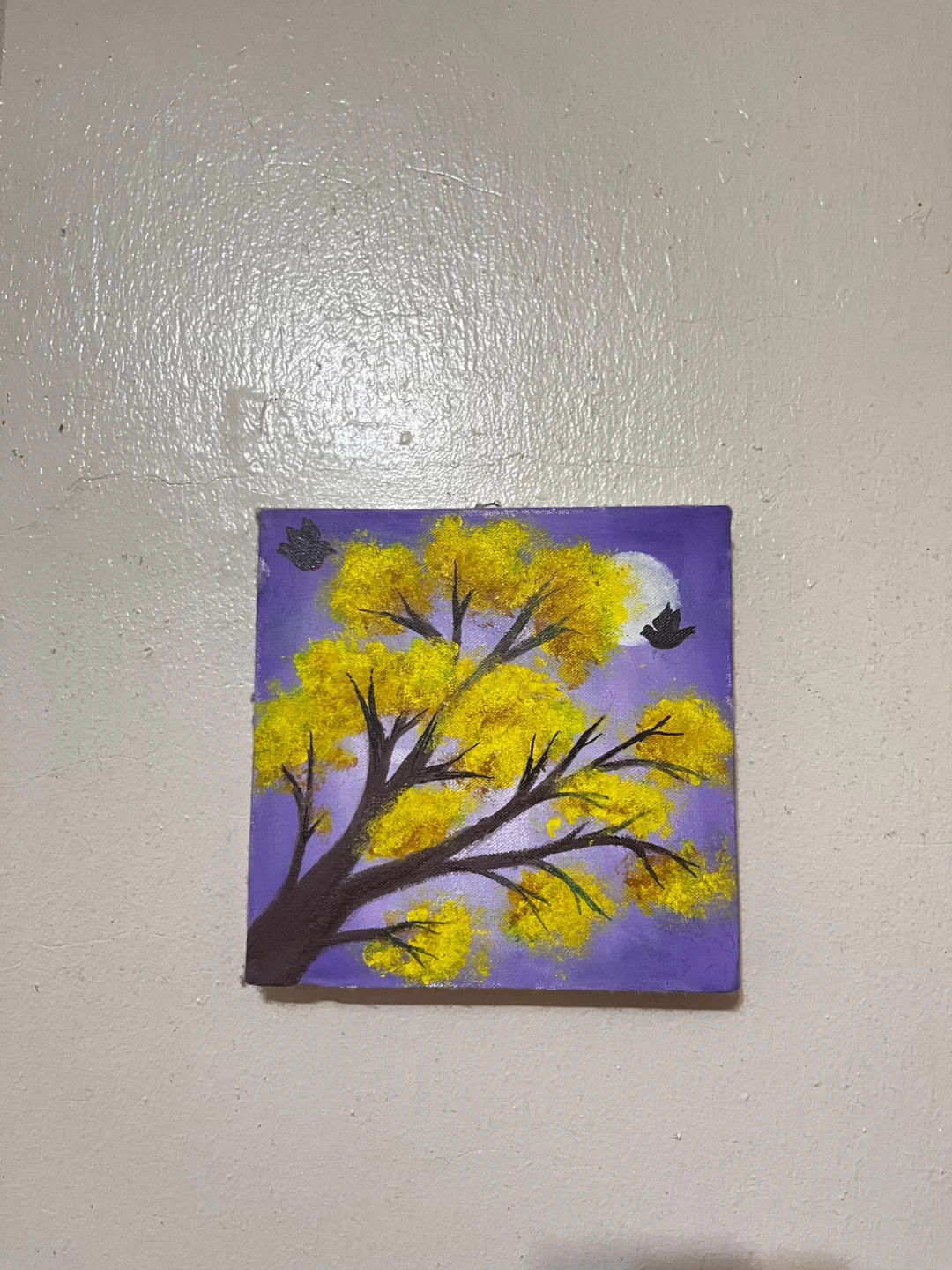 Small Canvas Painting of Yellow Tree with Birds