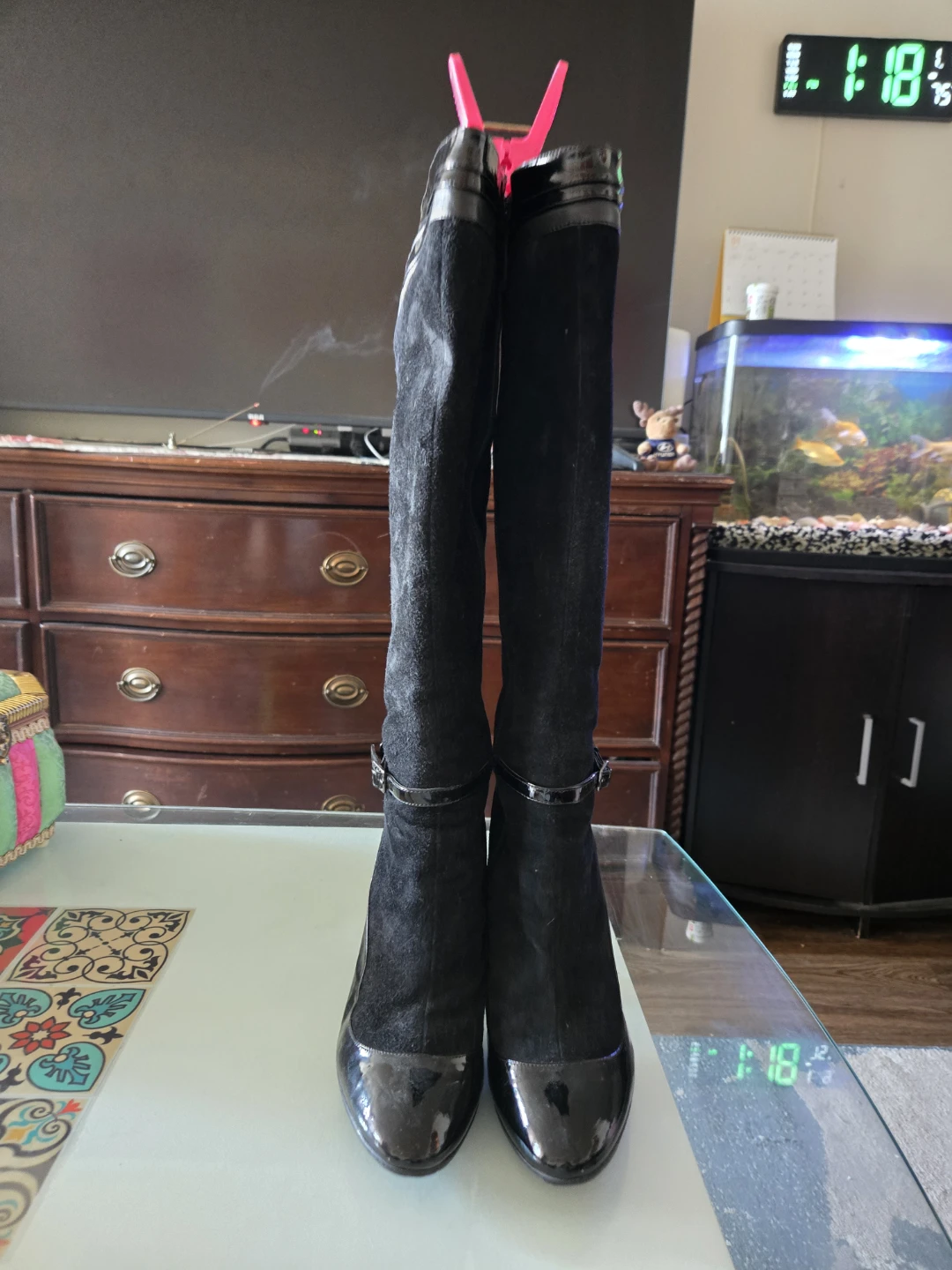Black Leather & Suede High Heel Boots - Size 9