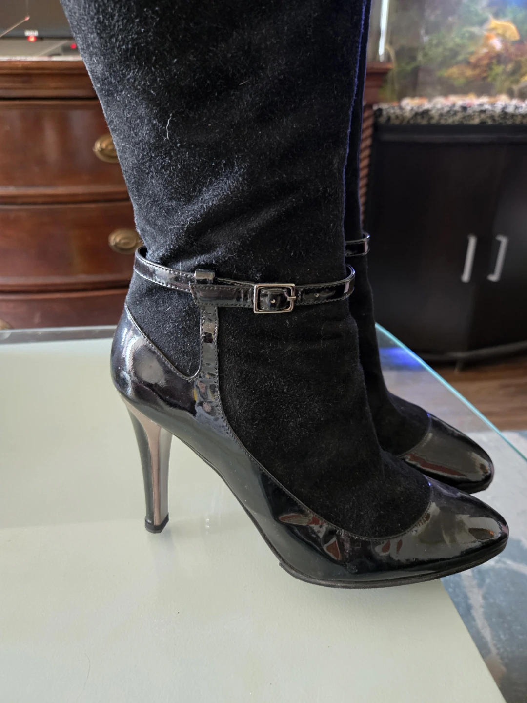 Black Leather & Suede High Heel Boots - Size 9 - photo 2
