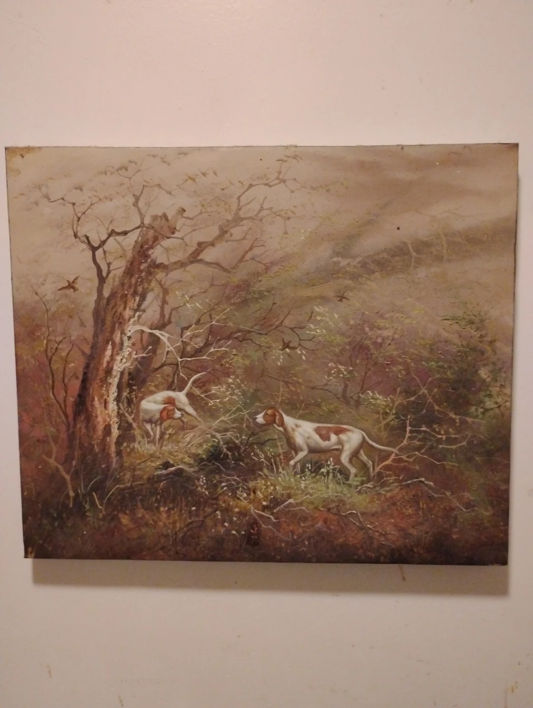 Vintage Painting of Dogs in a Forest