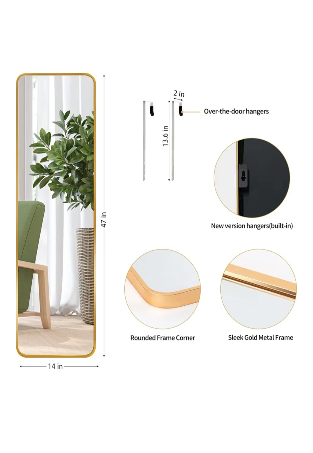 Gold Full Length Mirror, 47x14 in - photo 3