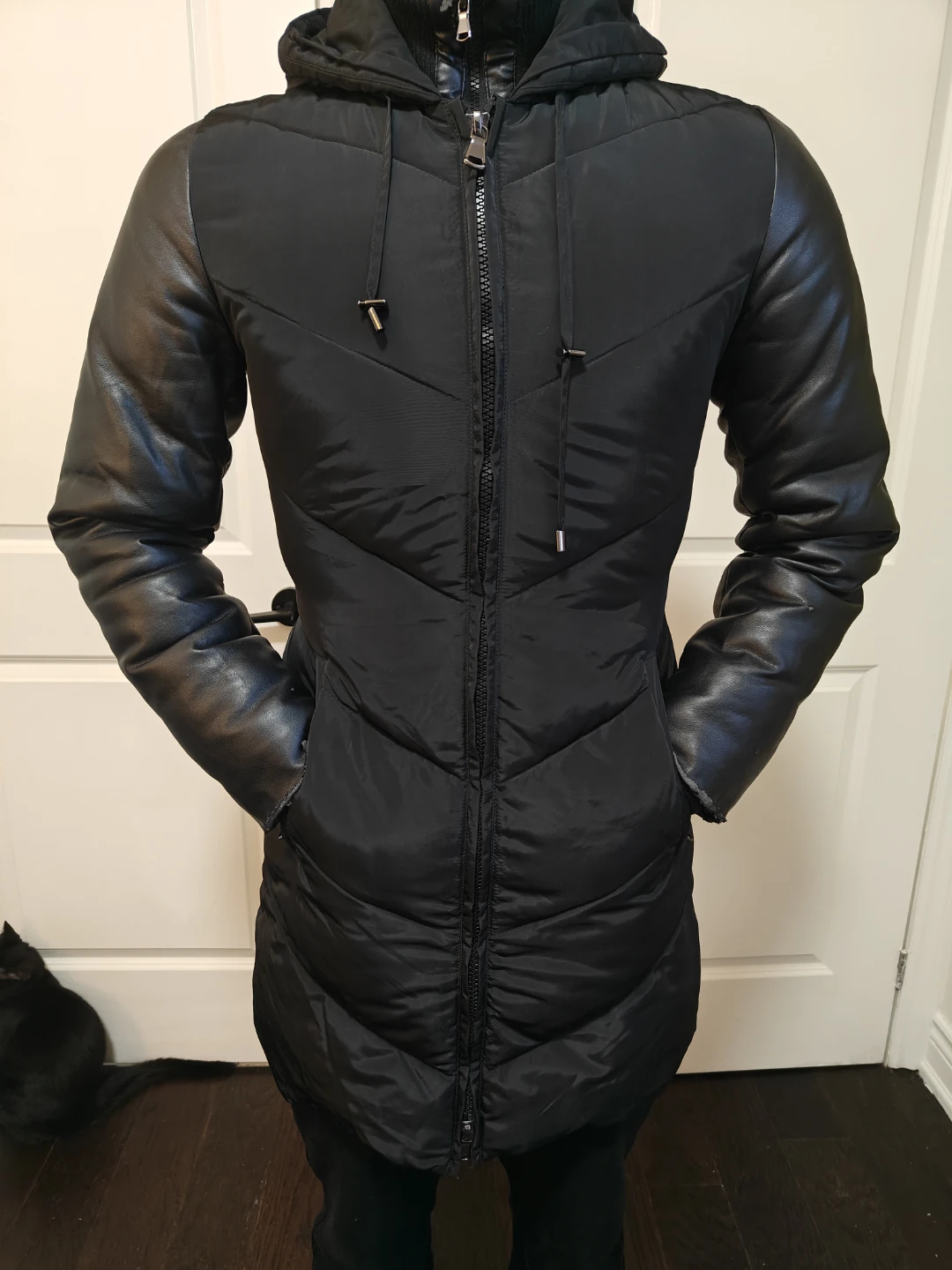 Black Puffer Coat with Faux Leather Sleeves