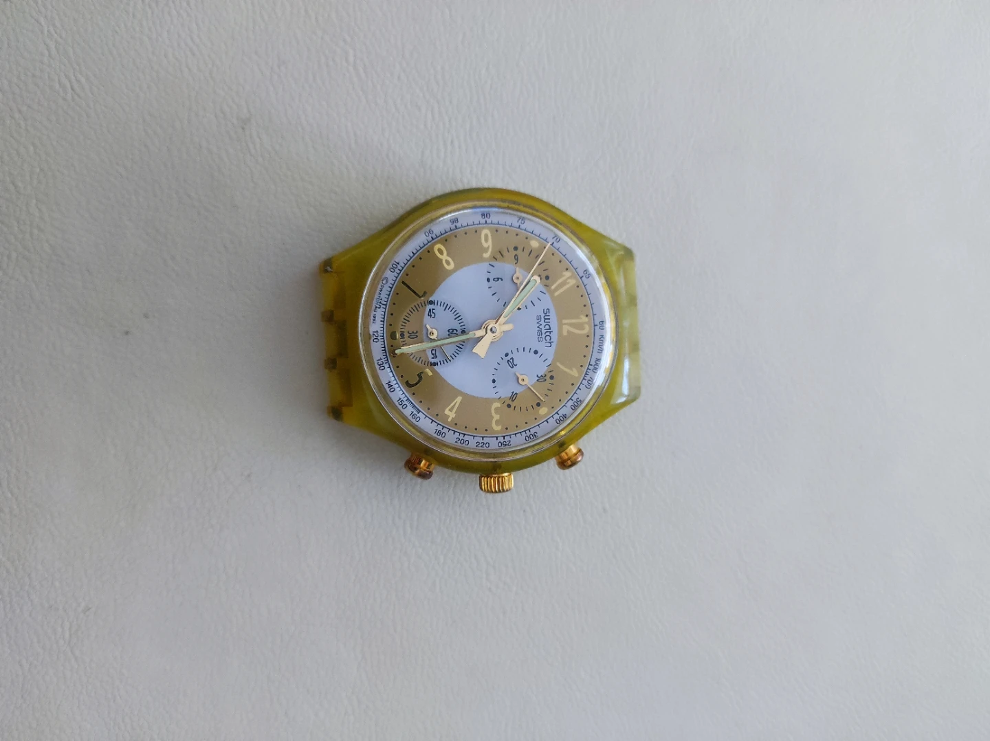 Vintage 1993 Swatch "Golden Globe" SCG100 chronograph watch. 