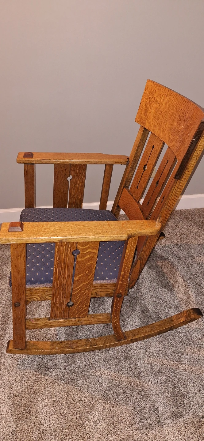 Antique Oak Rocking Chair with Blue Floral Cushion - photo 2