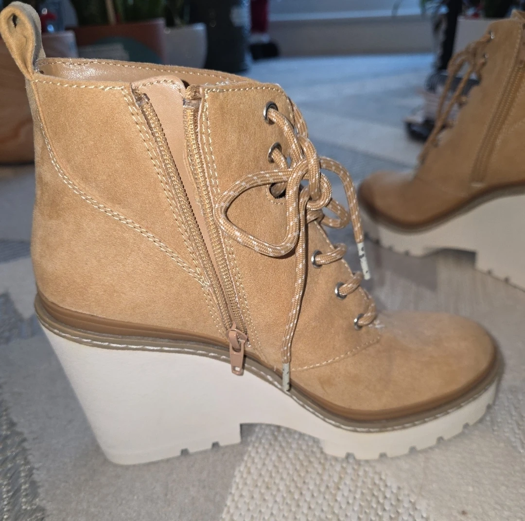 Tan Wedge Heel Lace-Up Ankle Boots