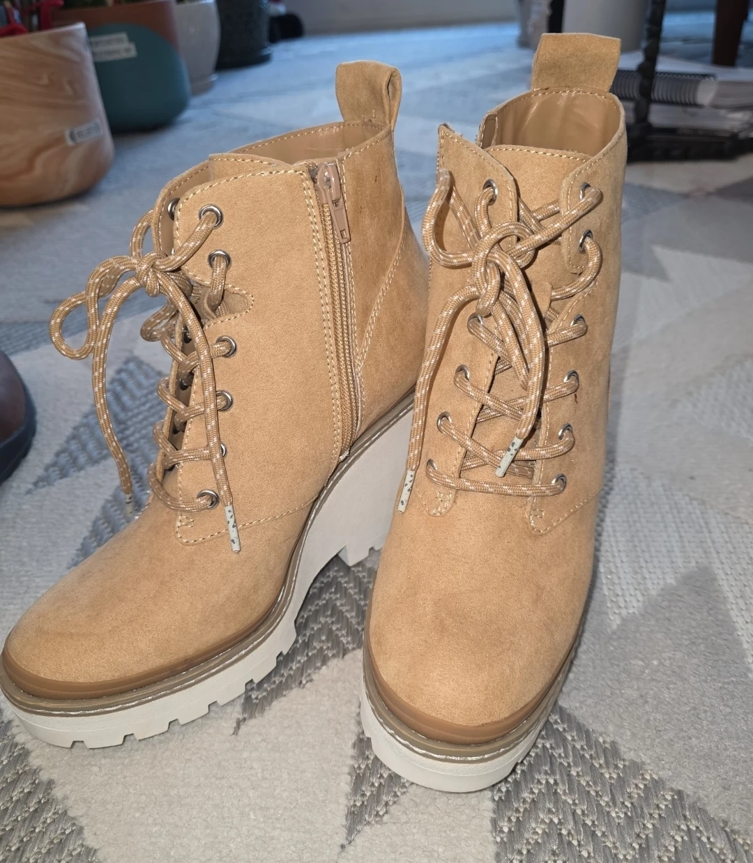 Tan Wedge Heel Lace-Up Ankle Boots - photo 5