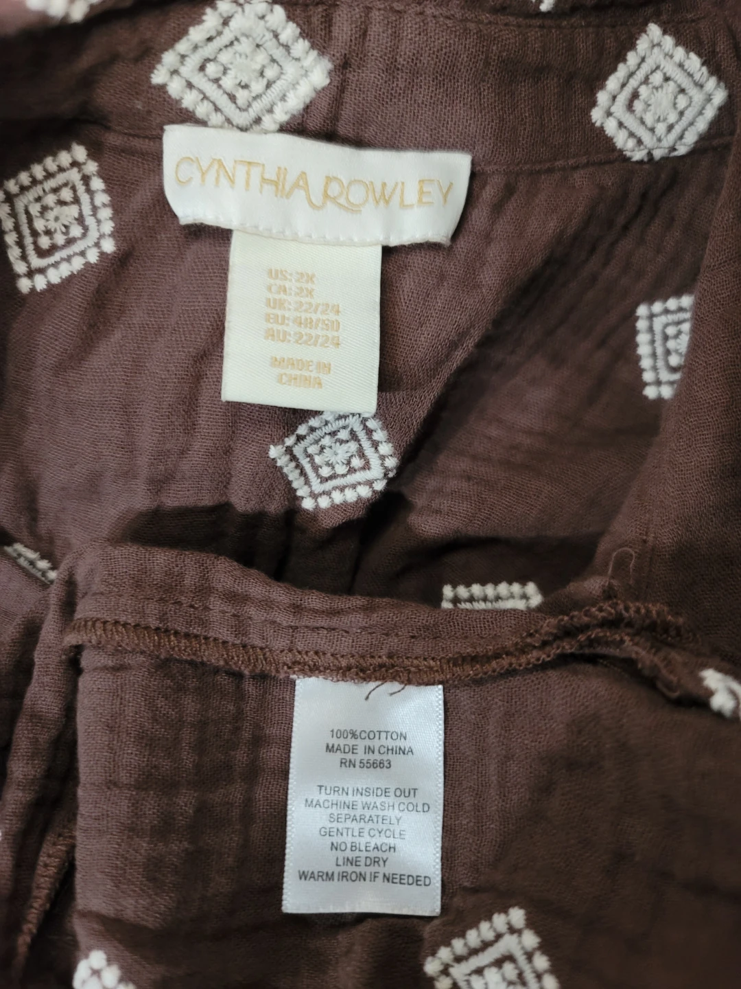 Cynthia Rowley Chocolate Shirt 100% Cotton Resort Cottage Sz 2XL - photo 2