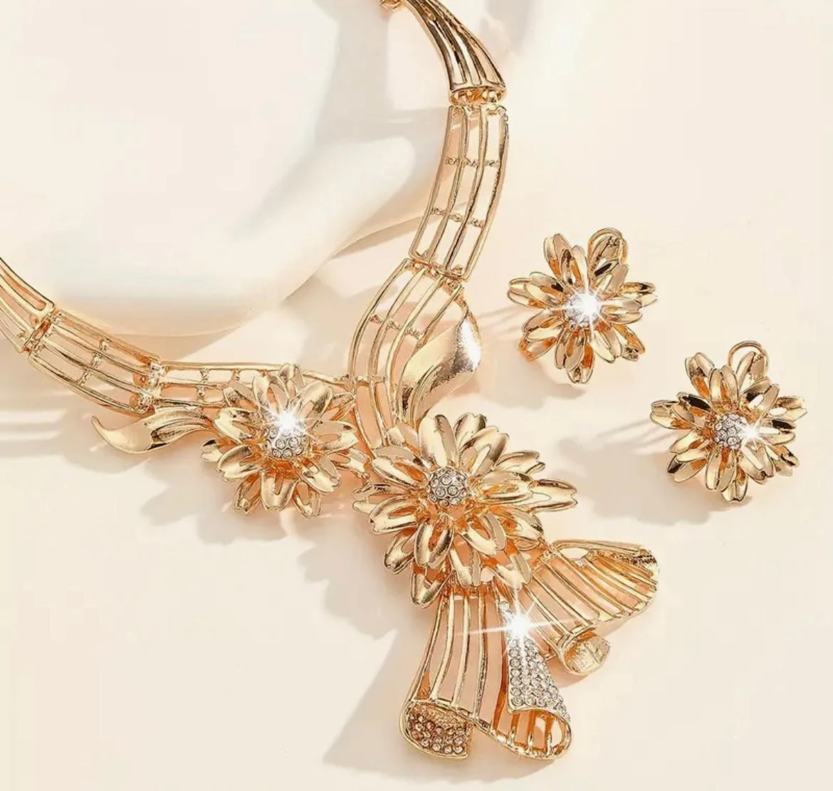 Gold Flower Necklace and Earrings Set with Rhinestones