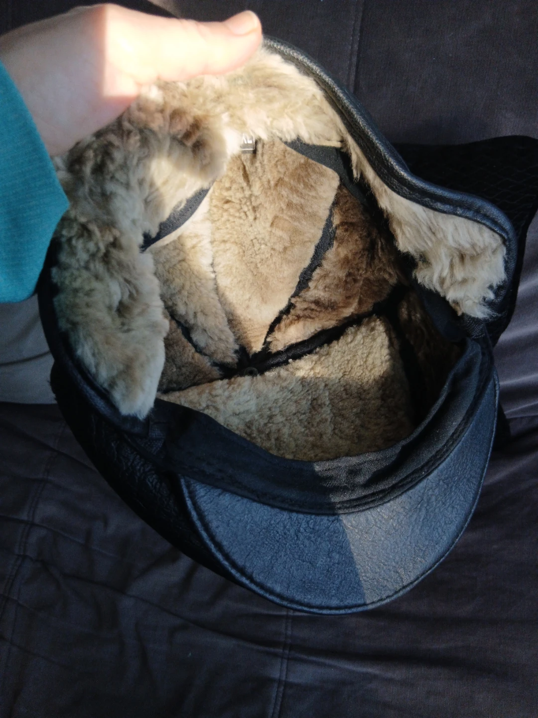 Black Leather Cap with Ear Flaps and sheep fur inside - photo 4