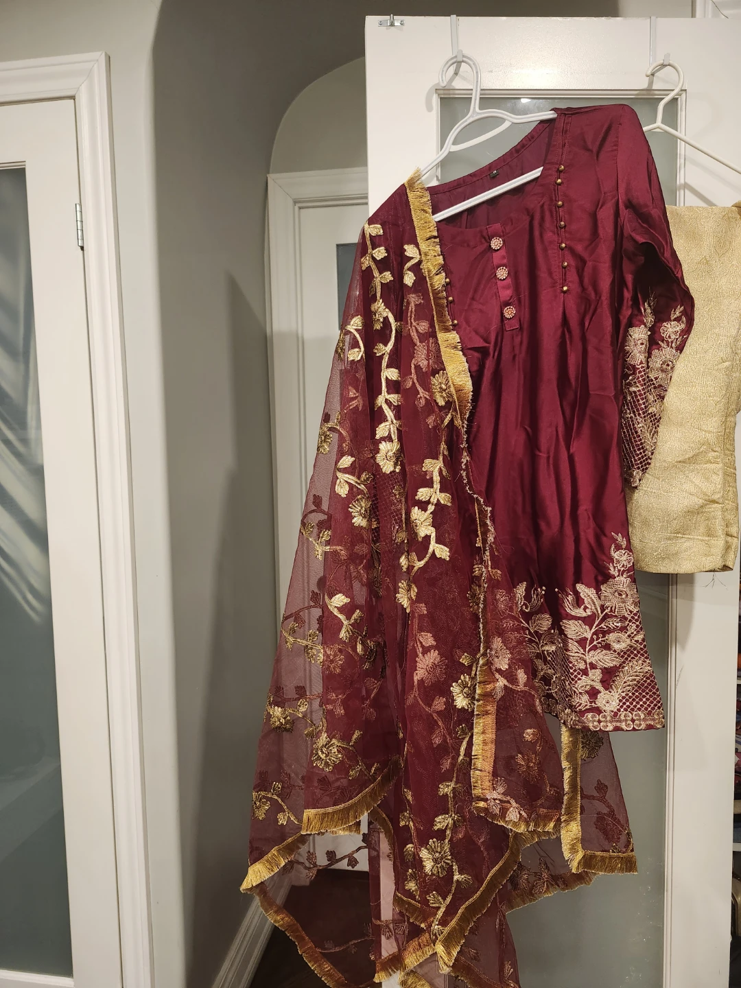 Maroon Kameez Shalwar with Gold Dupatta