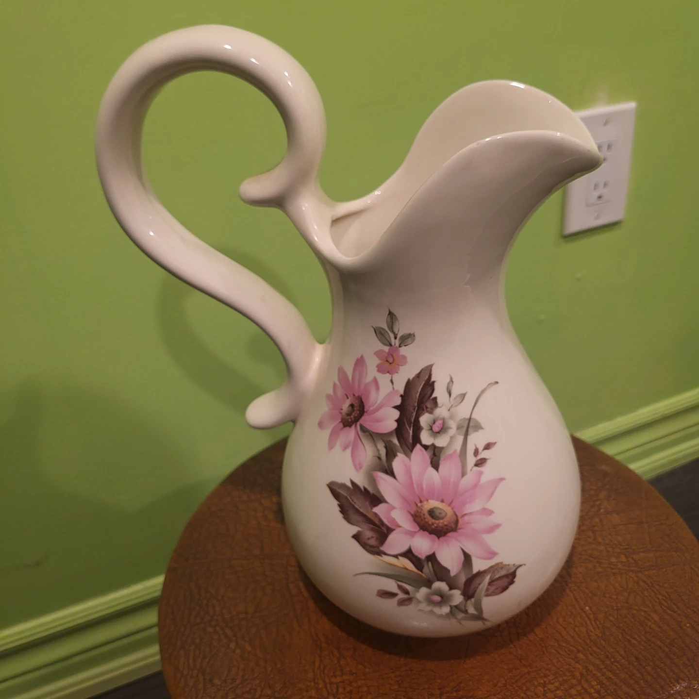 Vintage White Ceramic Pitcher with Pink Flowers - photo 2