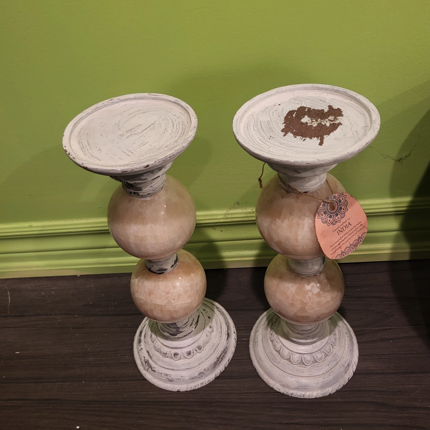 Set of 2 White & Beige Stone Pillar Candle Holders