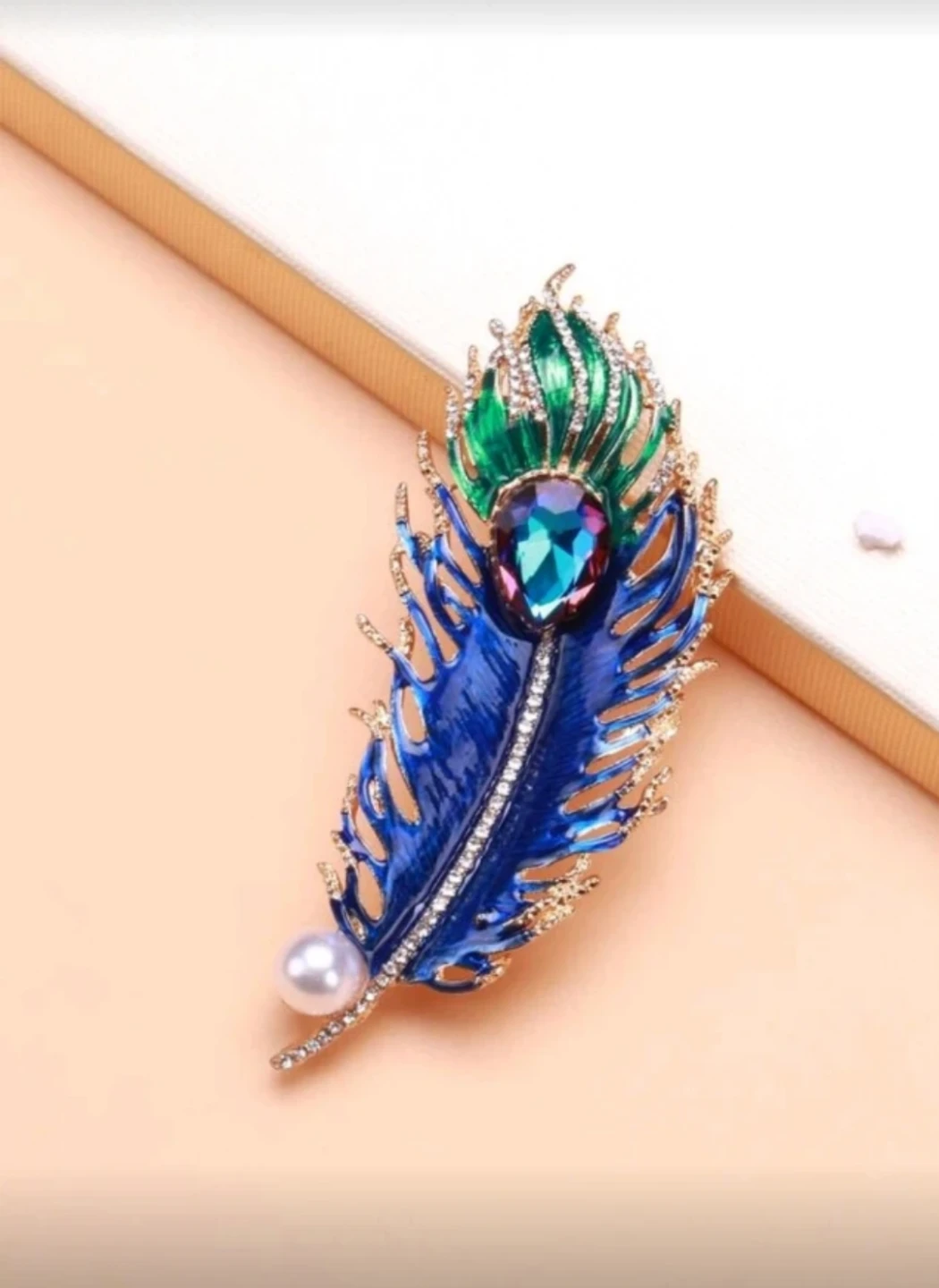 Peacock Feather Rhinestone Brooch