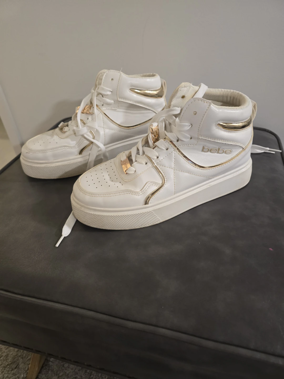 Bebe Monah High Top Sneakers - White/Gold - US 7.5