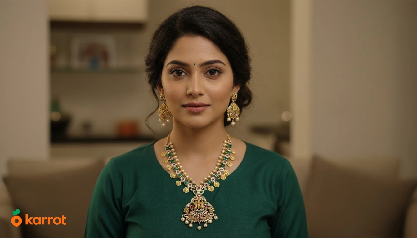 Gold-toned Necklace and Earring Set with Green Stones and Pearls - photo 5