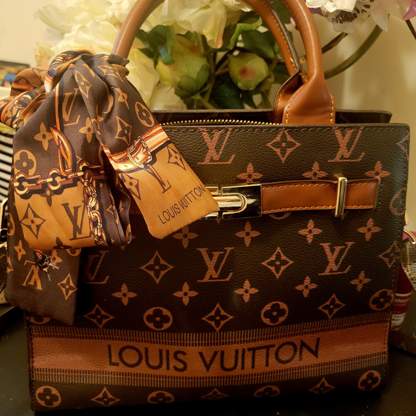 Louis Vuitton Brown Handbag with Scarf