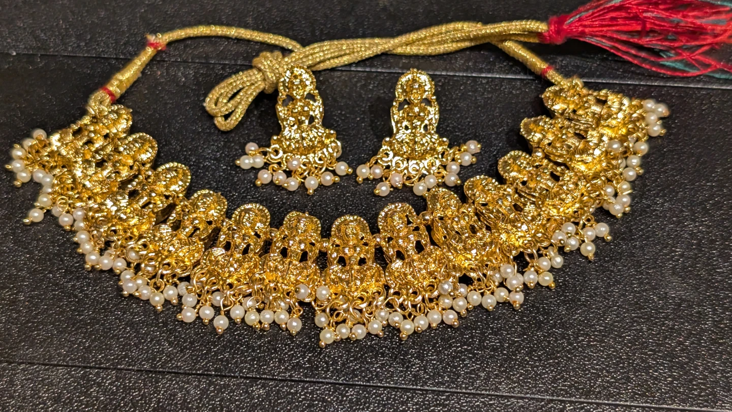 Gold-tone Choker Necklace and Earring Set with Pearls - photo 2