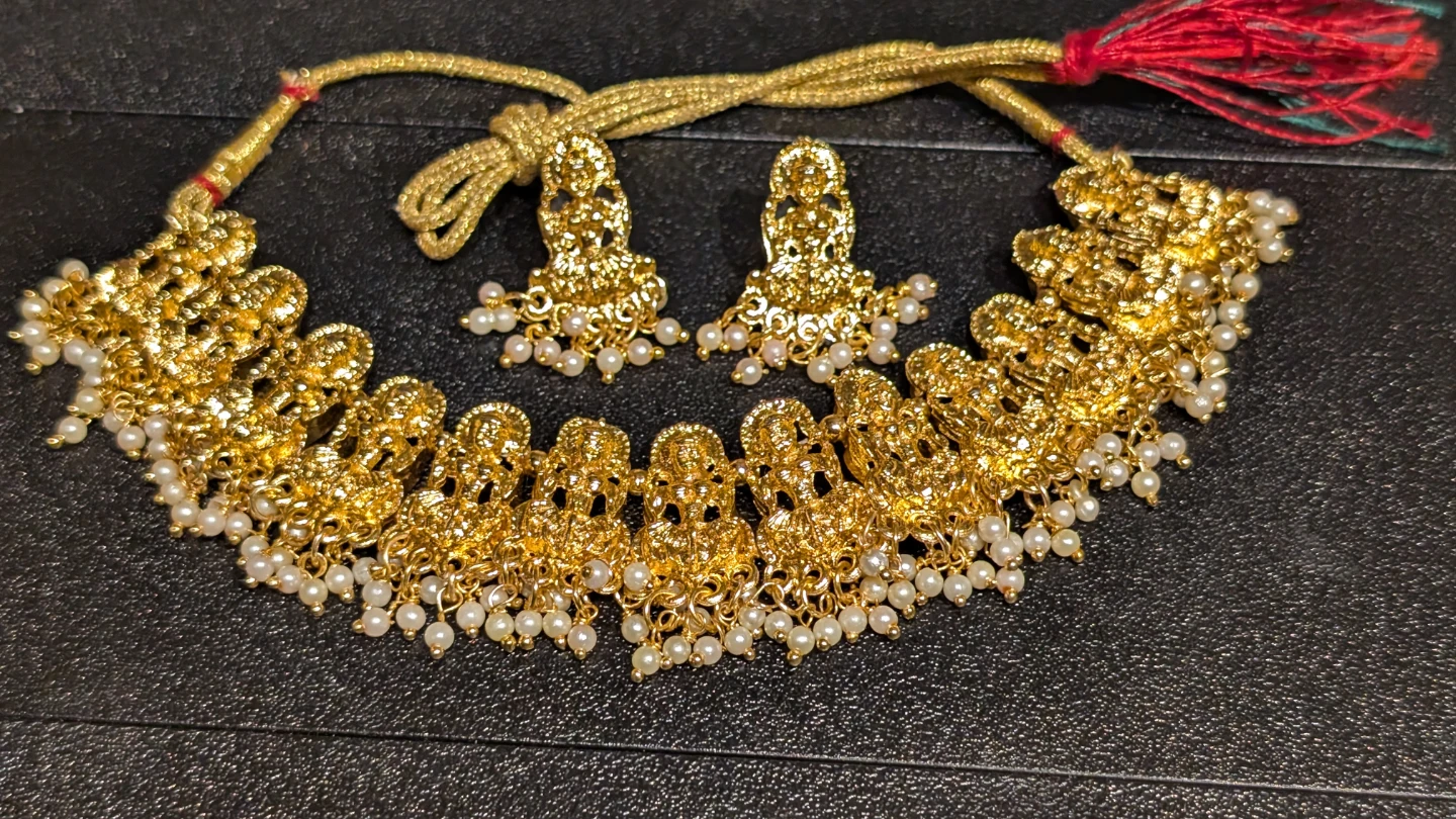 Gold-tone Choker Necklace and Earring Set with Pearls - photo 3