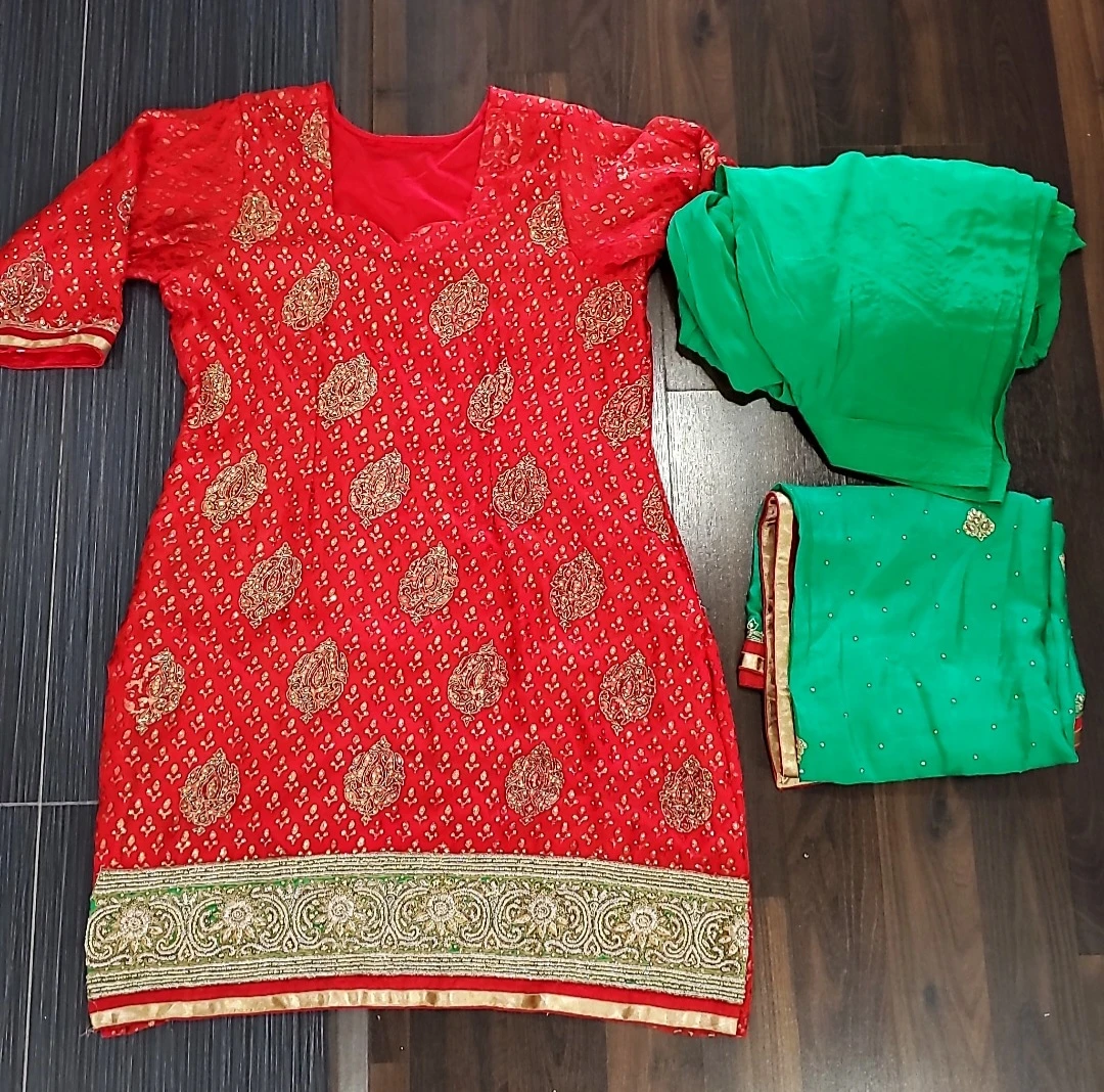 Red & Green Embroidered Salwar Kameez