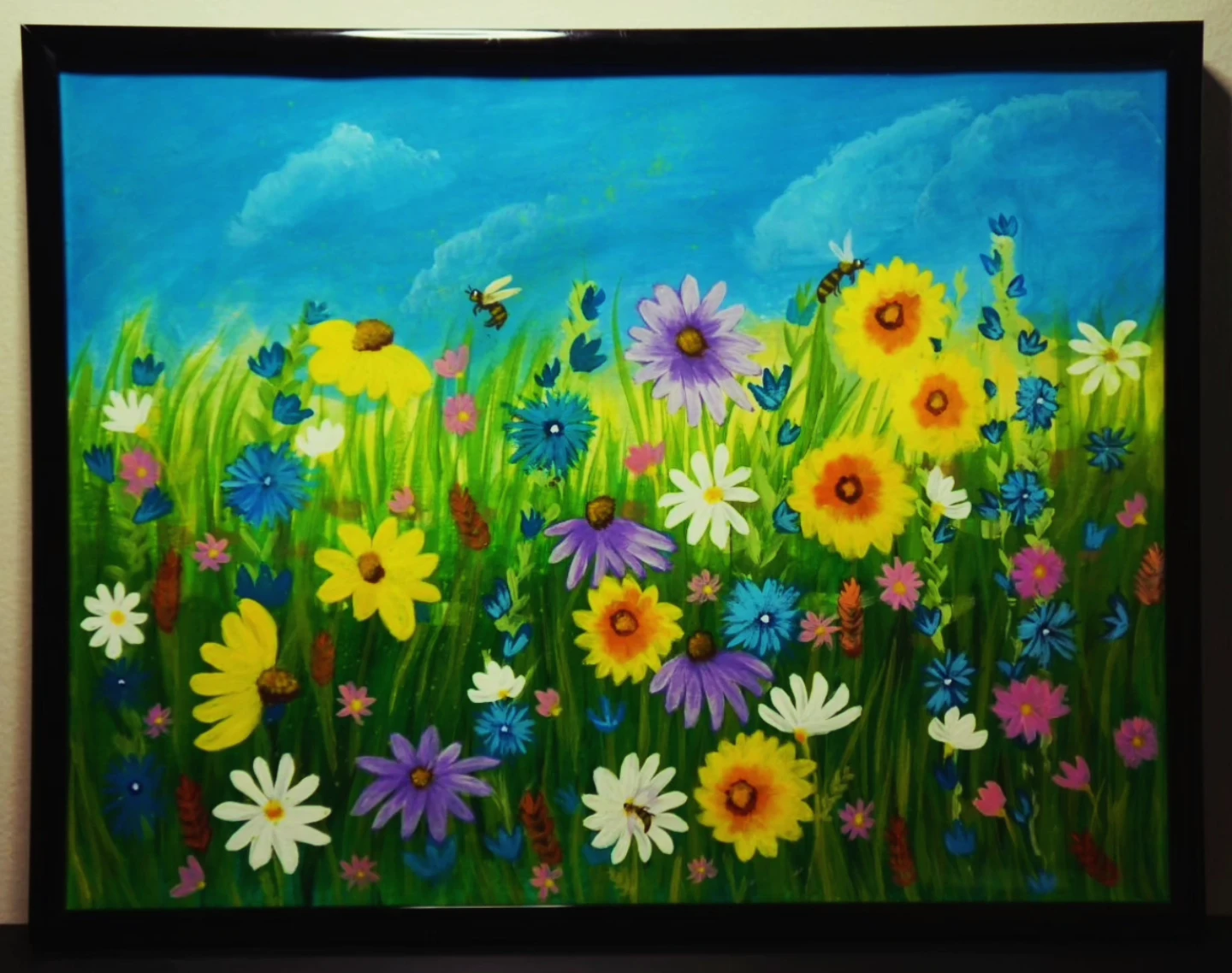 Framed Floral Painting with Bees