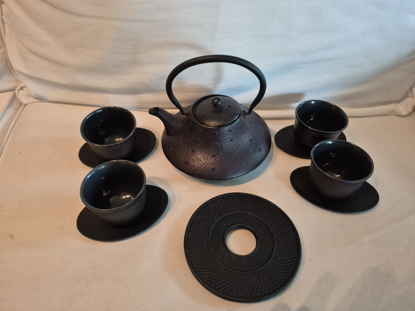 Purple Cast Iron Tea Set with Teapot and Cups