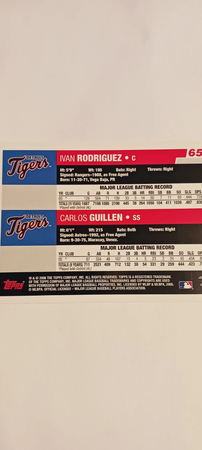 2006 Topps Ivan Rodriguez Carlos Guillen Baseball Card - photo 4