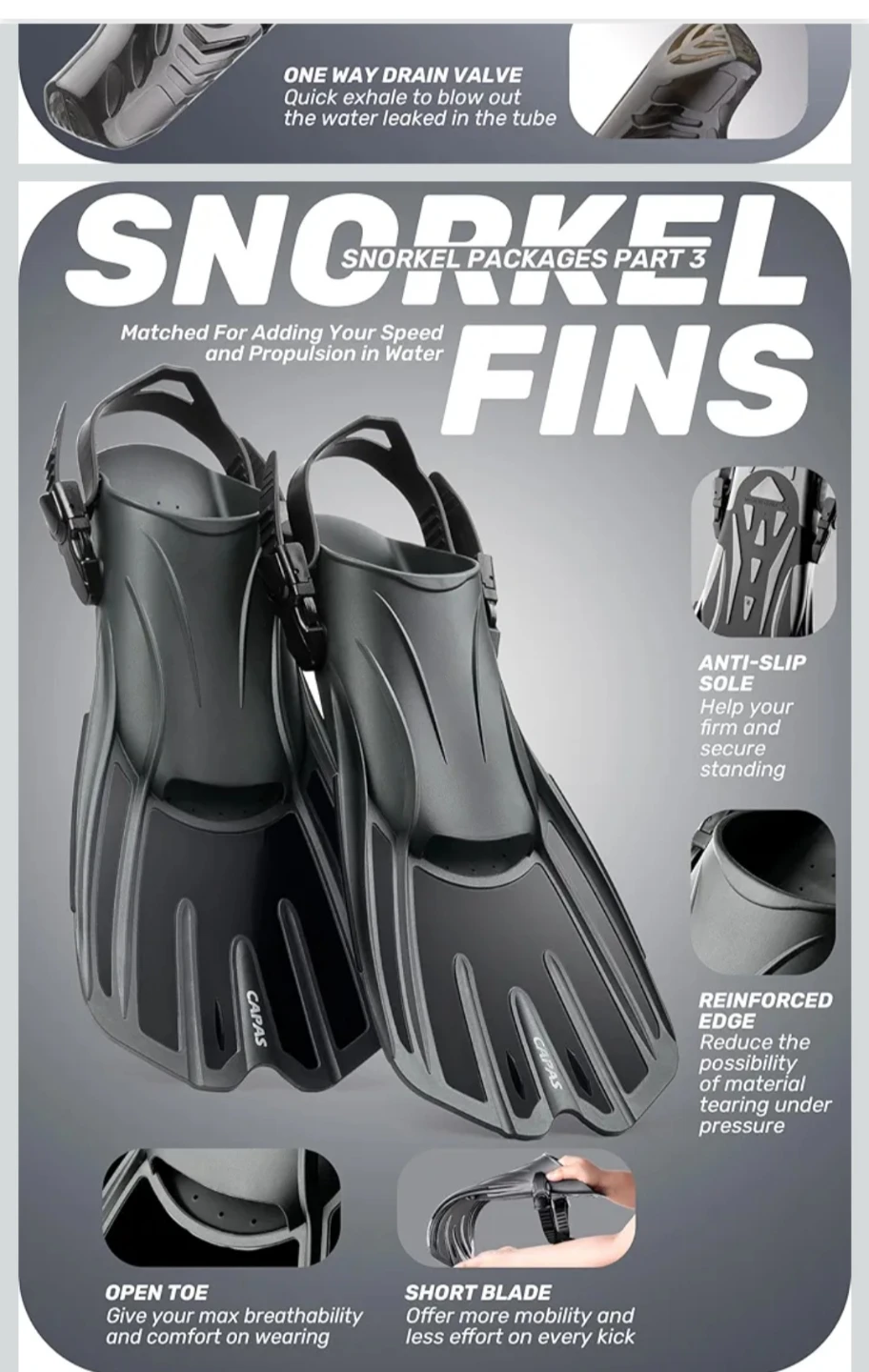 CAPAS Snorkel Set with Fins, Mask, & Snorkel Size: S/M - photo 4