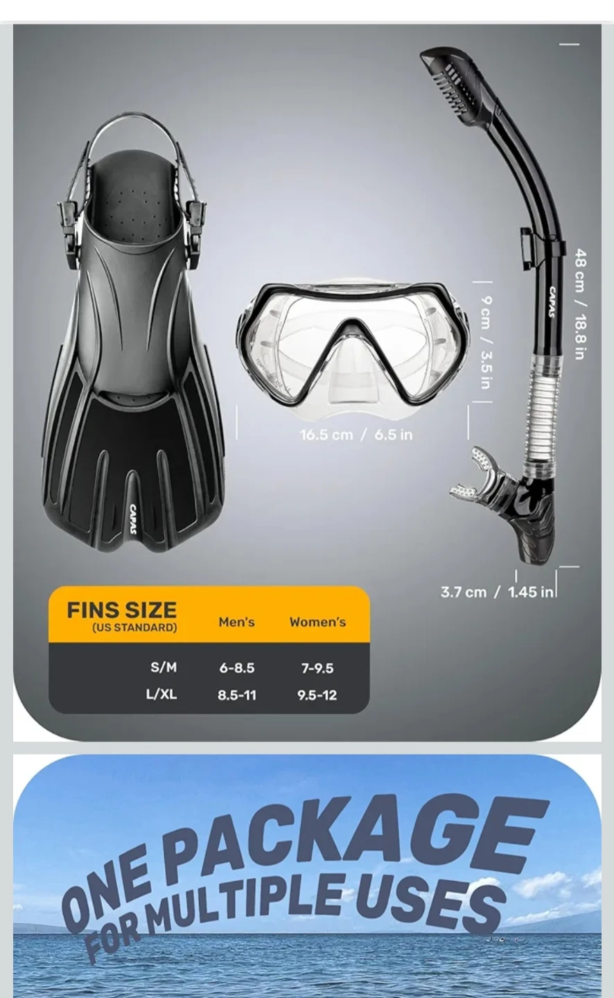 CAPAS Snorkel Set with Fins, Mask, & Snorkel Size: S/M - photo 5