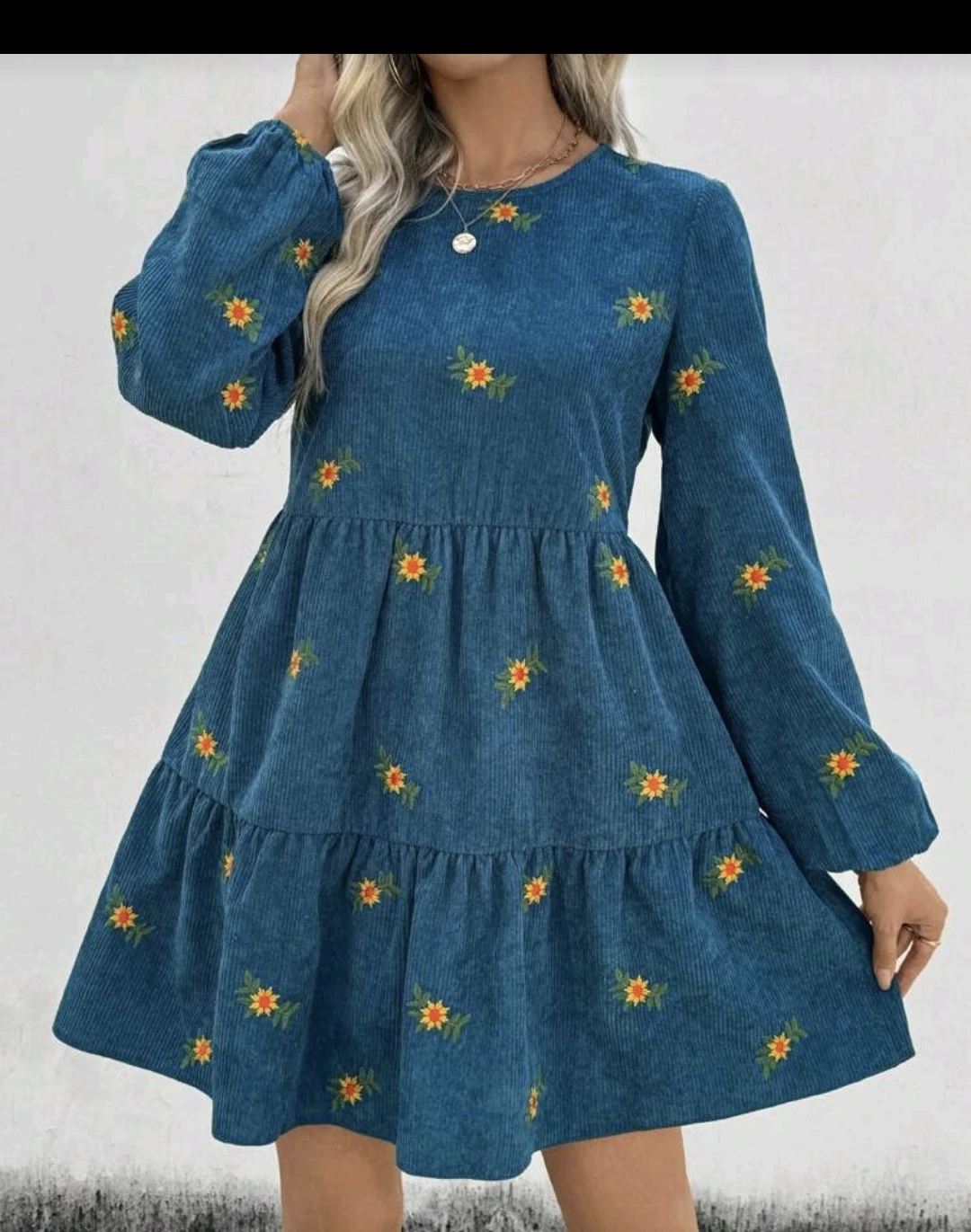 Blue Corduroy Tiered Mini Dress with Floral Embroidery
