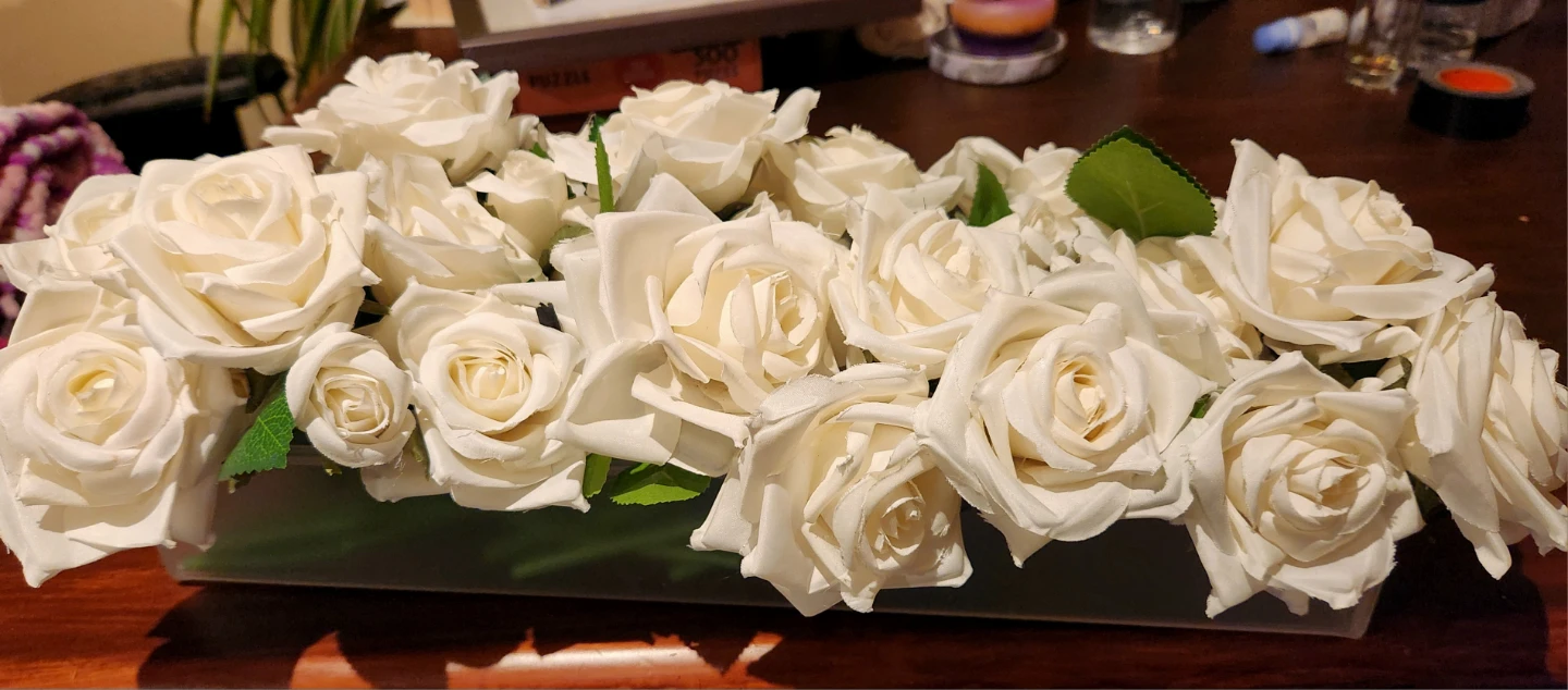 White Faux Rose Arrangement in Clear Box