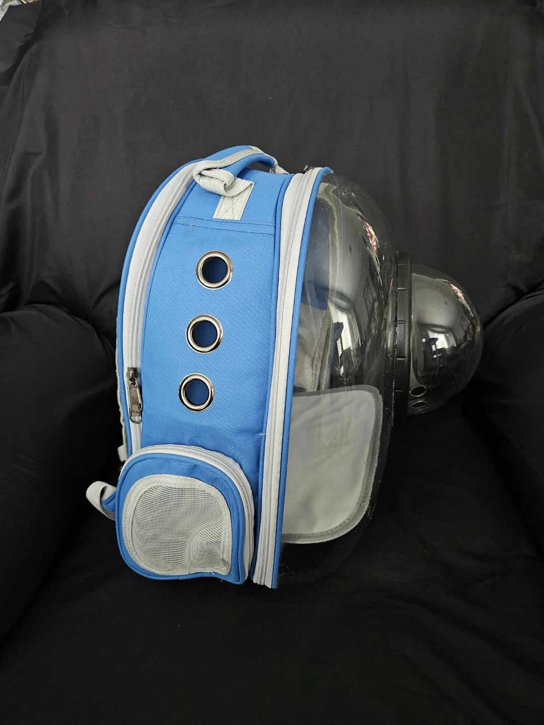 Blue Pet Carrier Backpack with Bubble Window and expandable back
