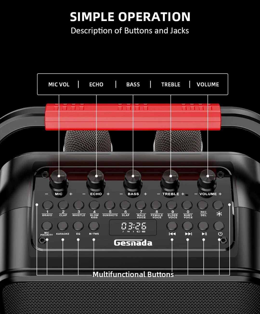 Gesnada Portable Karaoke Speaker with 2 Wireless Mics - photo 4