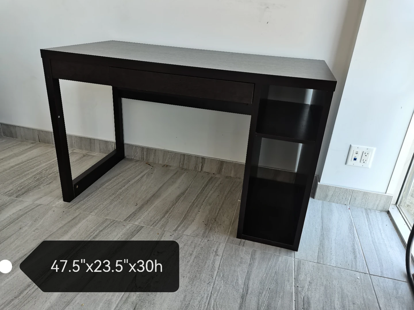 modern sleek writing desk, drawer shelf (47.5"x23.5"x30h)