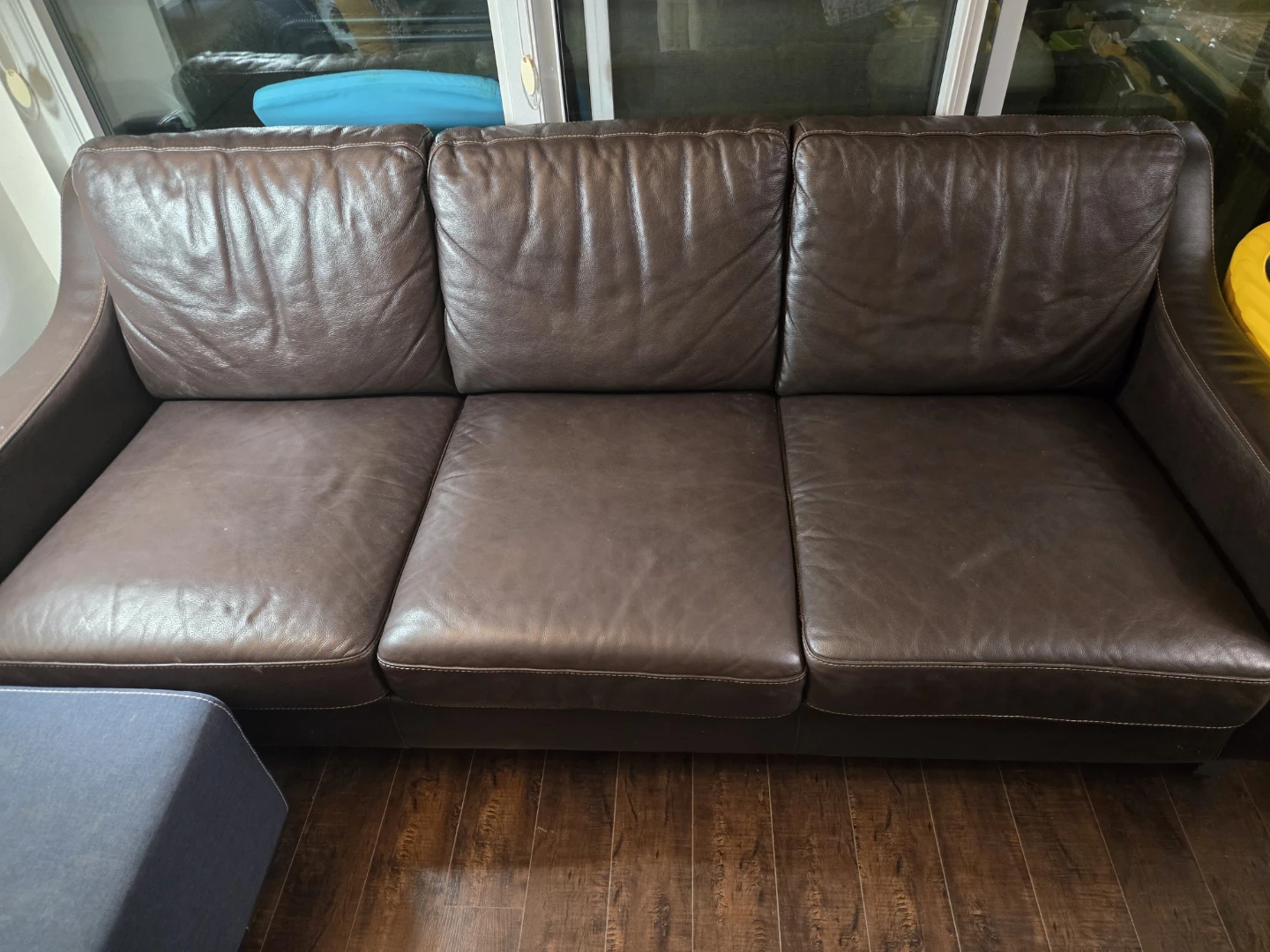 MOVING SALE! Brown Leather Three Seater Sofa