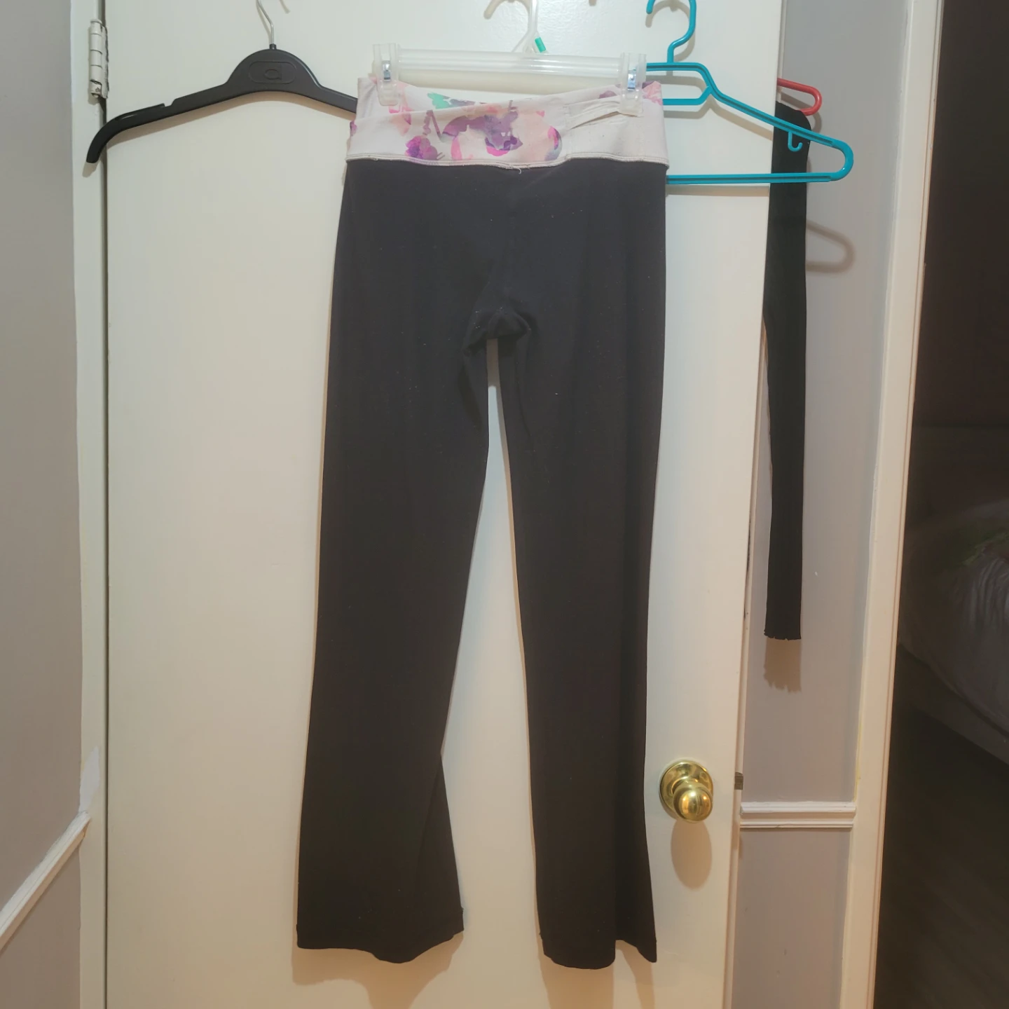 Black yoga pants with floral waist
