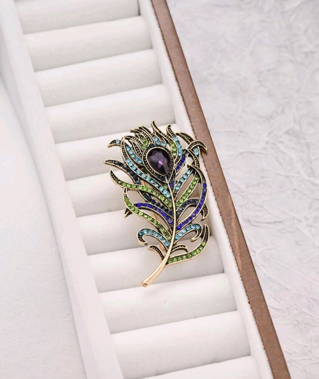 Vintage Gold Feather Brooch with color Rhinestones