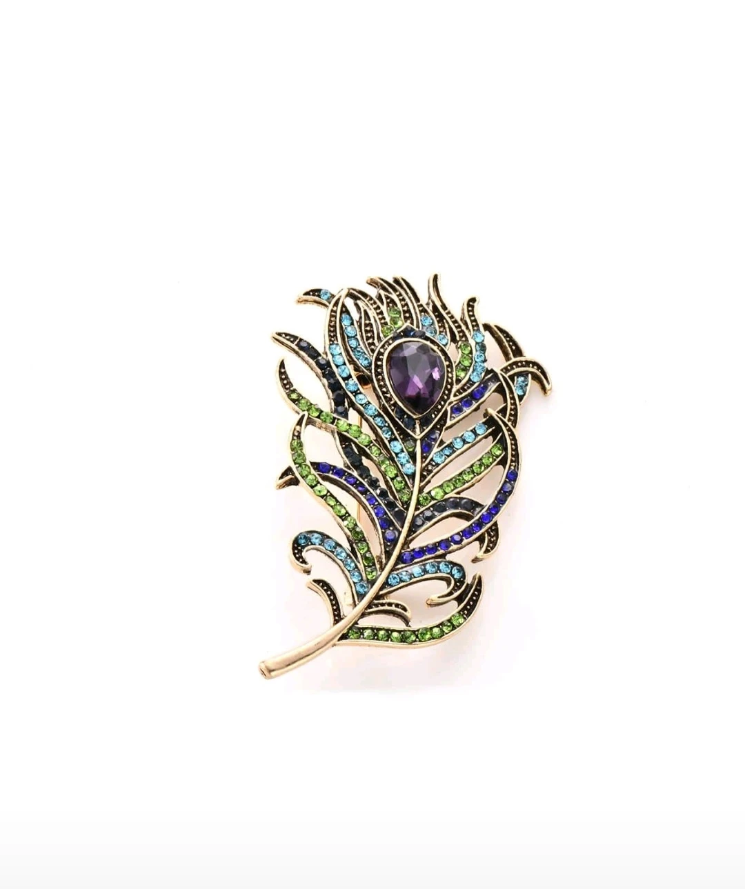 Vintage Gold Feather Brooch with color Rhinestones - photo 3
