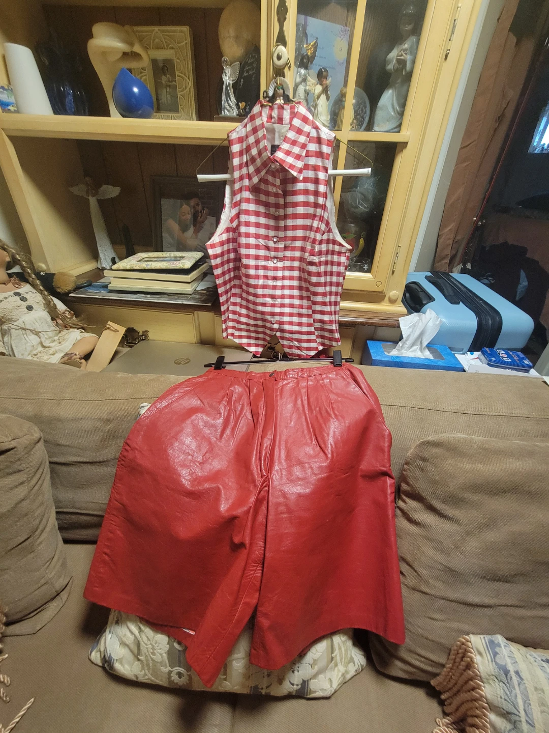 Red Leather Shorts and Red/White Gingham Button-Up Vest - photo 3
