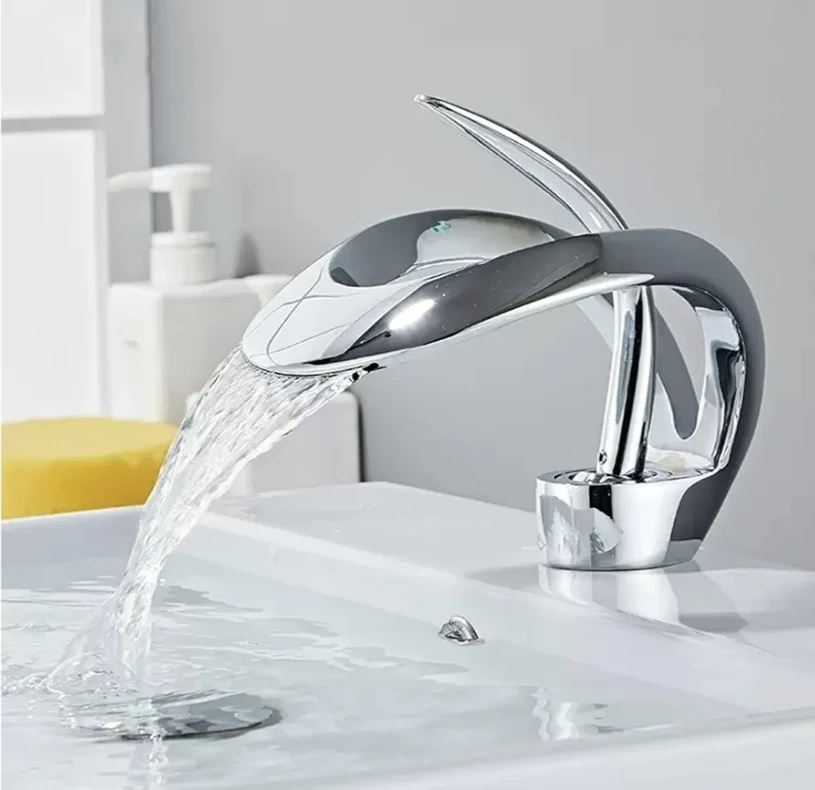 Modern Waterfall Bathroom Sink Faucet - Silver Finish